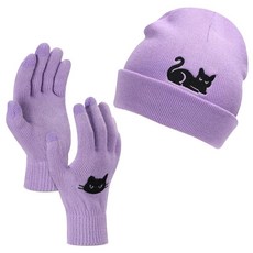 Vansoline 고양이 비니 모자 및 장갑 여성용 겨울 니트 추운 날씨용 액세서리(퍼플) 퍼플. M 298583, Vansoline 고양이 비니 모자 및 장갑 여성용 겨