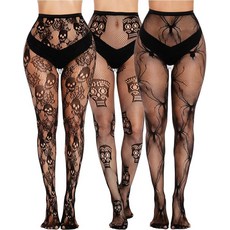 A+ Choice 여성용 고스 타이츠 3쌍 - 블랙 스컬 스파이더 망사 레깅스 시어 메시 스타킹 할로윈 레이브 코스튬 블랙(할로윈)