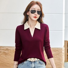 가을 신제품 출시 여성 브이넥 긴팔 폴로셔츠 골프티셔츠 빅사이즈 면티 패션 카라 티셔츠 상의 슬림핏 간절기 티셔츠 4컬러