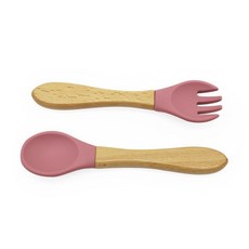 兒童彩虹餐具6件組 矽膠餐具, 1個, 櫸木叉勺【深粉色】