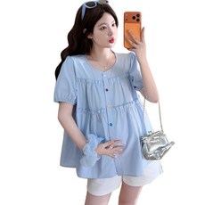 임산부 반팔 셔츠 캐주얼 루즈핏 패치 반팔 블라우스 여름 임부복 반팔 상의 JS