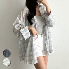 핏몬 여성 빅사이즈 체크 여름 간절기 시스루 거즈 박시 롱 셔츠 55~99