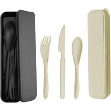징이허 2세트 대형 여행용 식기 세트 케이스 포함 캠핑용 재사용 가능한 야외 휴대용 플라스틱 나이프 스푼 포크 점심 도시락 학교 업무 피크닉 검정색 + 베이지색, 검정색과 베이지색