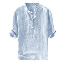 남성용 헨리 티셔츠 리넨 면 셔츠 버튼 업 비치 탑 캐주얼 반바지 반소매 경량 무지 티 화이트 02 Large 268566, Blue 02