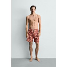ZARA LONG FLORAL PRINT SWIMMING TRUNKS - Light red 8574/448/661