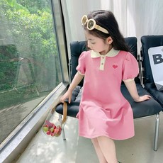HYLSS 連衣裙夏季女孩裙子POLO純色韓版A字裙短袖裙襬禮服卡通