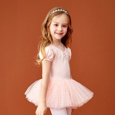 어린이 무용복 소녀 퐁퐁소매 뒤 리본 레이스 튜튜 스커트 반짝이 발레복, 연분홍색, 1개