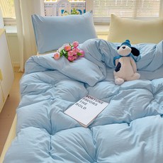 1급 믹스매치 단색 워시드 면 4종 세트 초부드러운 구름 면 기숙사 3종 세트 4종 세트, 카테고리 A - 믹스 앤 매치 - 연한 파란색과 노란색, 0.9m 침대 시트 3종 세트(이불커버 1.5x2m)