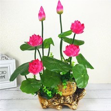 一盆包郵仿真荷花蓮花供佛花小套裝 塑料假花小盆栽傢居裝飾擺件, 1個, 茶壺盆+PU荷花玫紅