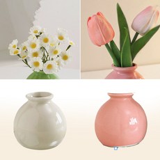 레디박스 사무실 식탁 인테리어 미니 원형 꽃병 조화 세트, 크림 데이지+핑크 튤립