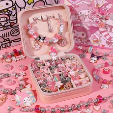 卡通兒童創意手串DIY串珠套裝 兒童手工製作飾品 生日禮物 兒童節禮物, 豪华套-美樂蒂手串(禮盒+禮袋+首饰盒）台灣現貨, 1個