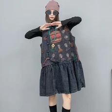 용수철 여성용 손 자수 패치 원단 사선 플레이트 버클 민소매 원피스 느슨한 LX741 여름, 01 싱글 사이즈, 01 color