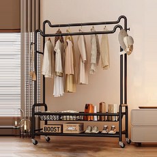 米克先生 貓耳附輪置物雙桿衣架 吊衣架 掛衣架 雙桿 雙層 玫瑰金, 雙桿貓耳-經典黑(120cm)