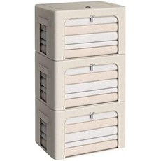 3팩 프레임 보관함 - 의류 가방 옥스포드 패브릭 접이식 쌓을 수 있는 용기 정리함 세트 투명 창 및 휴대용 손잡이 대용량 베이지 소형-22L, Beige, Small 22L