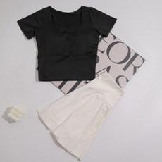 치마바지 팬츠 스윔 하이웨이스트 실내 비키니 바지 래쉬가드, 화이트 스커트+블랙 반팔