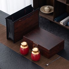 陶瓷茶葉罐 存茶罐 木盒二兩禮盒 通用茶葉包裝盒, 黑檀木紋雙罐禮盒-圓罐-紅, 1個