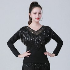 라인 댄스복 벨리 긴팔 공연복 반짝이의상 여성댄스의상 무용 의상 방송댄스 반짝이 스포츠 제품 라틴 연습복 여성, 8.검은색 상의 XL
