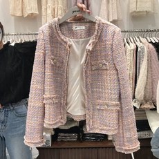 핑크트위드자켓 노카라 데일리 정장 하객 봄 여자 라운드넥