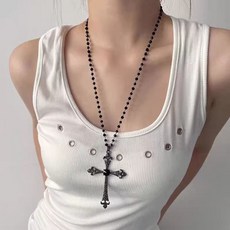 코코린느 빈티지 블랙비즈 크로스 롱 목걸이 여성 십자가 펜던트 체인 레이어드 포인트 목걸이