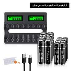 PALO AA AAA 1.5V 리튬 충전지 3400mWh 이온 배터리 900mWh LCD 충전기 포함, 6) 8AA 8AAA 1Charger, 1개