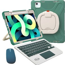 Powerway iPad 10.9吋(Air5/Air4)樂環藍牙鍵盤保護殼，附贈同色無線滑鼠，多角度支撐，台灣現貨, 翡翠綠(綠色鍵帽/綠色滑鼠/綠色包護殼), 尊貴黑(黑色鍵帽/黑色滑鼠/黑色包護殼)、翡翠綠(綠色鍵帽/綠色滑鼠/綠色包護殼)、藏青藍(藍色鍵帽/藍色滑鼠/藍色包護殼)、櫻花粉(粉色鍵帽/粉色滑鼠/粉色包護殼), 剪刀腳巧克力式鍵帽