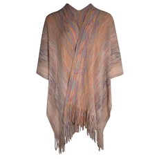 ZLYC 여성용 숄 골든 트림 니트 담요 랩 프린지 판초 코트 가디건 스페이스 염색 베이지 핑크 142132, 스페이스 염색 카키