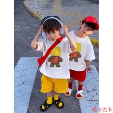 親子裝A類純棉短袖卡通印花韓版寬鬆家庭T恤，全家四口拍照穿搭