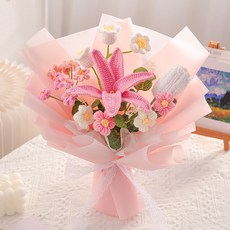 鈴蘭鬱金香玫瑰花束diy手工編織毛線材料包成品送閨蜜女友禮物, 1, 鬱金香混搭款    粉色