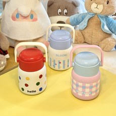 現貨真空悶燒罐 燜燒壺 304不銹鋼燜燒杯 燜燒壺帶勺子 大容量便攜水杯 早餐杯 悶燒罐 保溫罐 燜燒罐 悶燒杯 早餐杯, 藍粉格,500, 1個