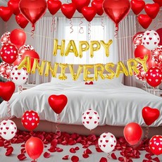 Happy Anniversary 장식 118피스 기념일 장식 키트 레드 실크 장미 꽃잎 1000개 레드 화이트 풍선 레드 하트 풍선 레드 하트 호일 풍선, Happy Anniversary 장식, 118피스 기념