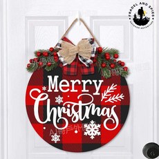 臺灣熱賣 美式聖誕木製歡迎門牌 仿真葉蝴蝶結裝飾 花環 christmas門環, 黑白灰格子,30*30, 1個