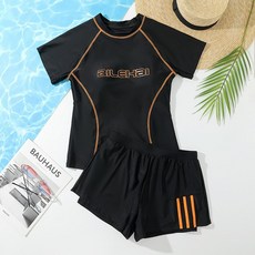 人魚朵朵 運動風兩件式泳衣 黑色短袖防曬泳裝, 均碼