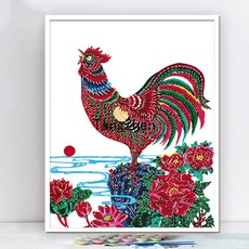 【TangZhen】유화그리기 유화그리기세트 채색 붉은 불 수탉diy 디지털 오일채화 십이지신 닭 동물 수제 충전 손그림 유화, 40x50cm 안감+물감+붓, 8570, 1개