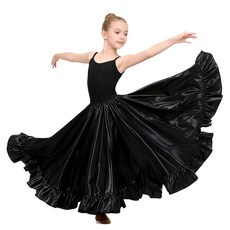 WJPUUS 새틴 풀 롱 스커트 서클 러플 플로피 라틴 벨리 댄스 엄브렐러 드레스 여아 8-12세용