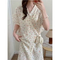 純棉紗布浴袍女夏季新款 - 可穿式吸水透氣家居服, 1個, 鬱金香碎花繫帶浴裙【短袖】,均碼/A類面料【40.5kg-80.0
