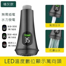 歌沐衛浴 GEMU LED溫顯出水嘴 免插電水力發電 即時溫度顯示 花灑起泡頭 萬向頭 廚房浴室出水, 槍灰色