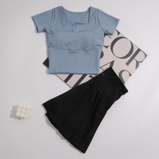 치마바지 팬츠 스윔 하이웨이스트 실내 비키니 바지 래쉬가드, 블랙 스커트+블루 반팔