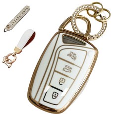 루루형제 현대 호환 자동차 프리미엄 TPU 키 케이스+번호 키링+가죽스트랩, 크림화이트, AH-03