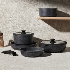 프라임타임 탈착식 멀티핸들 인덕션 냄비 세트, 1세트, 냄비+유리뚜껑+프라이팬+멀티핸들, 스타라이트 블랙