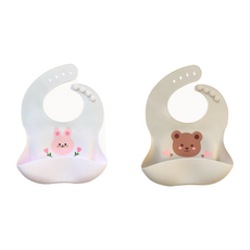 嬰兒圖案印花矽膠防漏圍兜 2件組, 兔子+熊, 1組