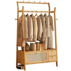 實木落地衣帽架 多功能收納掛衣架 臥室置物架 包包帽子吊掛架, 原木色
