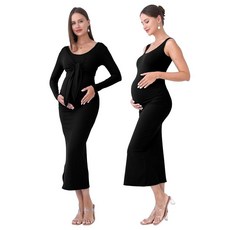 Shangood 2피스 임산부 드레스 짧은 카디건 바디콘 맥시 포멀 드레스 베이비 샤워 가을 겨울 여성용 블랙. L