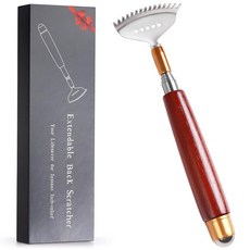 롤러볼과 단단한 나무 손잡이 튼튼한 304 스테인리스 스틸 클로로 확장 가능한 여성용 백 스크래처 얼굴 목 발 바디용 핸드헬드 마사지기, Dark-red, 1 Count (Pack of 1)