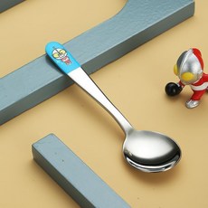 奧特曼食品級304不銹鋼勺子兒童家用可愛湯匙小孩喫飯調羹圓頭勺, 藍色-勺子, 1個