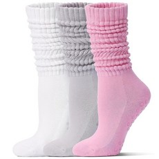 Toetally 필라테스 양말 그립 포함 여성용 긴 슬라우치 미끄럼 방지 요가 바 쿠션 운동 스크런치 3쌍 화이트/핑크/라이트 그레이 미디엄