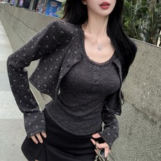 히또리 T4549 데이트 잔꽃 플라워 크롭 이너 탑 세트 가디건