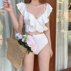 [라이프커머스] 수영복 비치웨어 비키니 여성 푸쉬업 프릴 비치 투피스 워터파크, 색상:화이트 / 사이즈:L