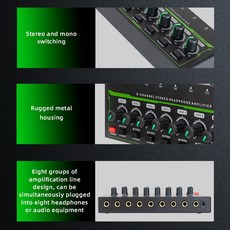 8 채널 미니 스테레오 헤드폰 앰프 HA800S PRO 전원 어댑터가 포함된 초소형 오디오 앰프, 미국 플러그,검은색