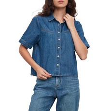 YEXPINE 여성용 반소매 버튼 다운 크롭 데님 셔츠 캐주얼 루즈 여름 웨스턴 진 셔츠 블루. XL