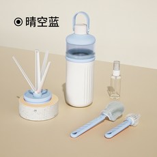 新款 便攜式 寶寶奶瓶刷 嬰兒奶瓶 清洗套裝 旅行清潔組 附瀝水架, 藍色,套, 1個